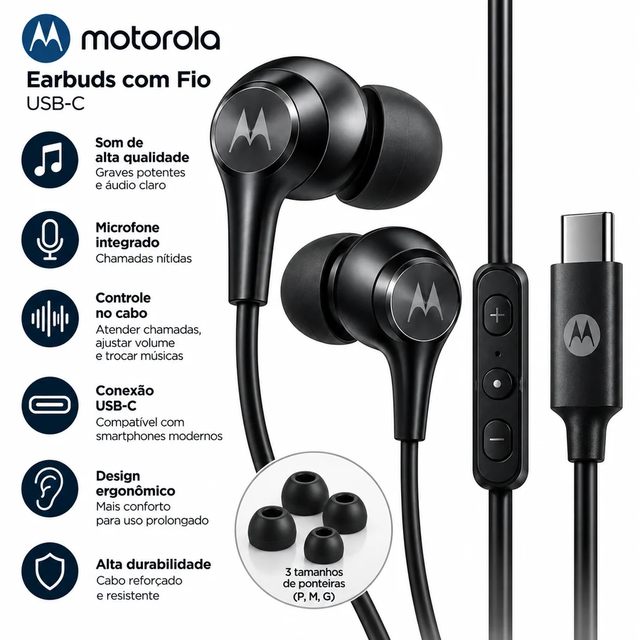 Earbuds Motorola Tipo-C com Fio